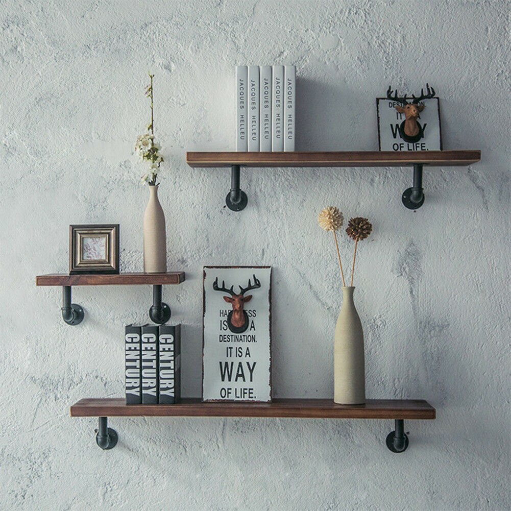 2pcs Industrial Wall Mounted Iron Pipe Shelf Bracket Floating Shelf Holder Black Durable H99F