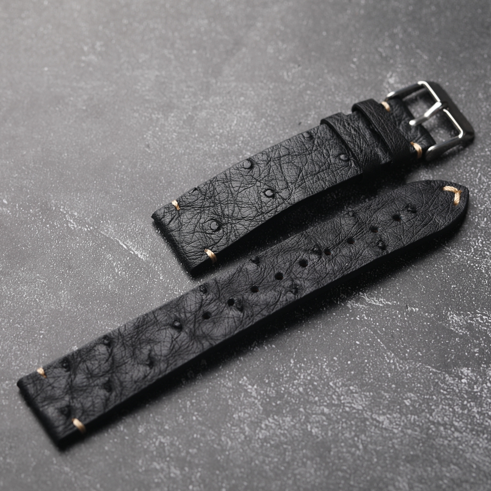 Bracelet de montre en cuir d'autruche Ultra-fin fait à la main 18 19 20 21 22MM Bracelet souple noir pour hommes Bracelet en cuir de Style Vintage