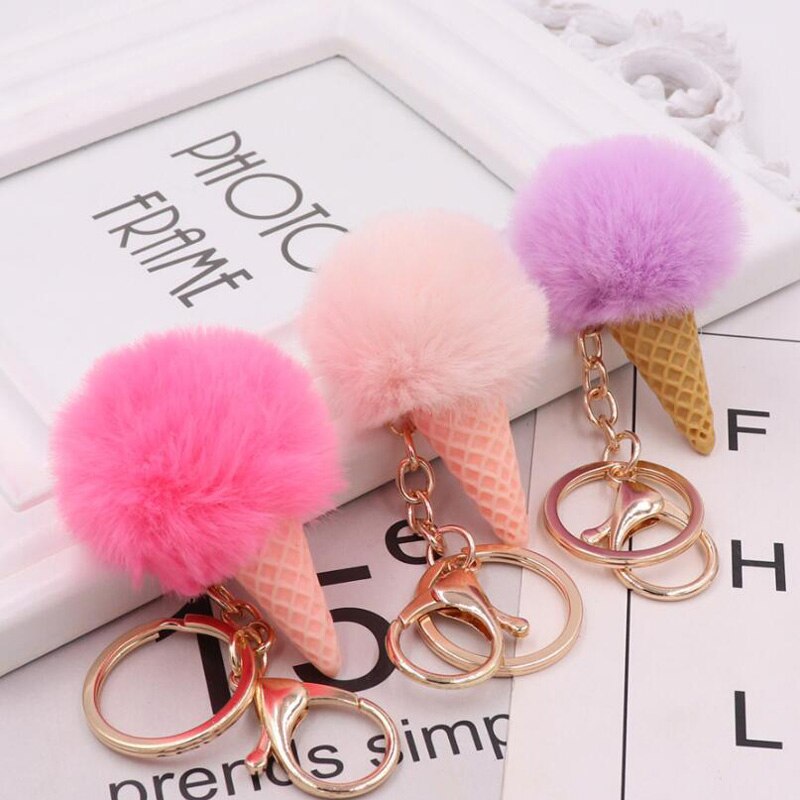 Cute ice cream Keychain Glitter Pompom Key Chain for Women Llaveros Mujer Car Bag Accessories Key Ring Wedding Souvenir