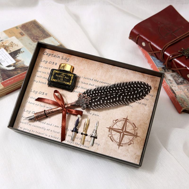 Vintage Feather Quill Dip Pen Fountain Pens With Ink +3 Nibs Set Box Stationery