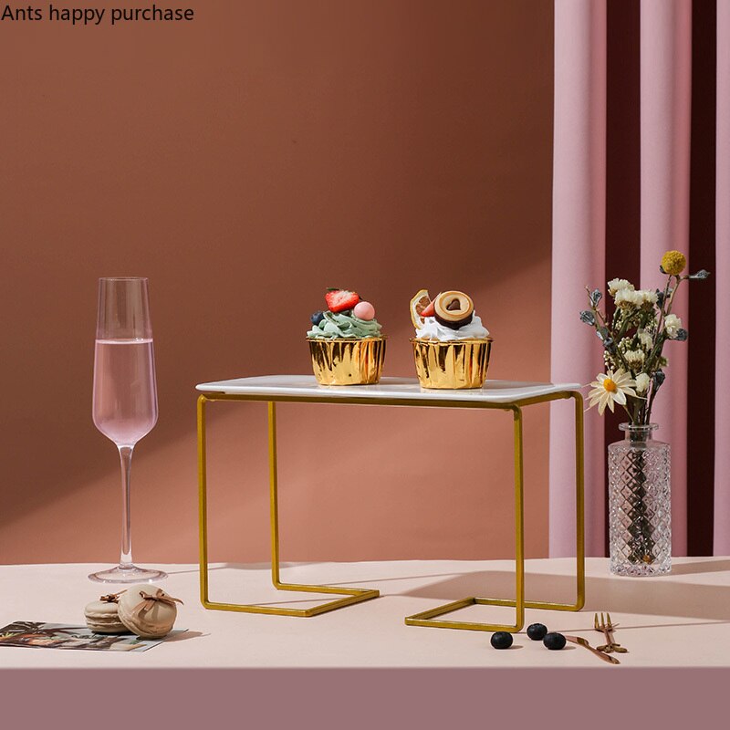 Golden Wrought Iron Cake Stand White Ceramic Plate Cake Pan Snacks Dessert Plate Display Stand Banquet Desktop Decorative Frame