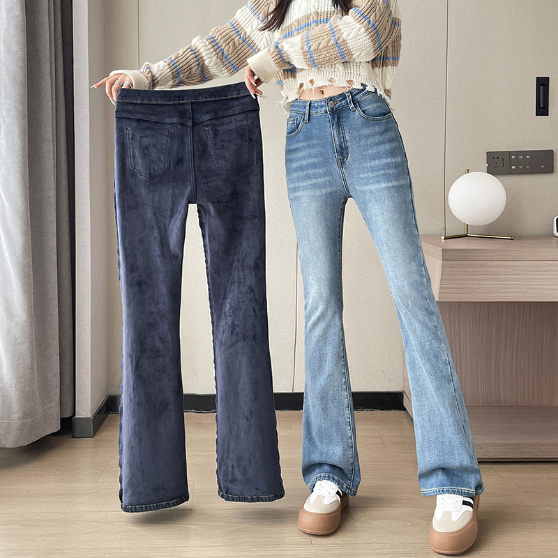 Pantalones vaqueros acampanados de felpa cálidos para mujer, pantalones vaqueros holgados de lana térmica, pantalones acampanados rectos urbanos de cintura alta para mujer 2023: XS / Azul