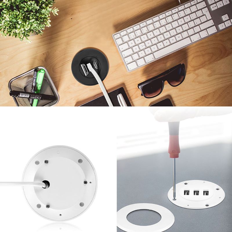 5cm Grommet Hole In-Desk Mounting 3 Ports USB 2.0 Hub For Laptop PC Computer