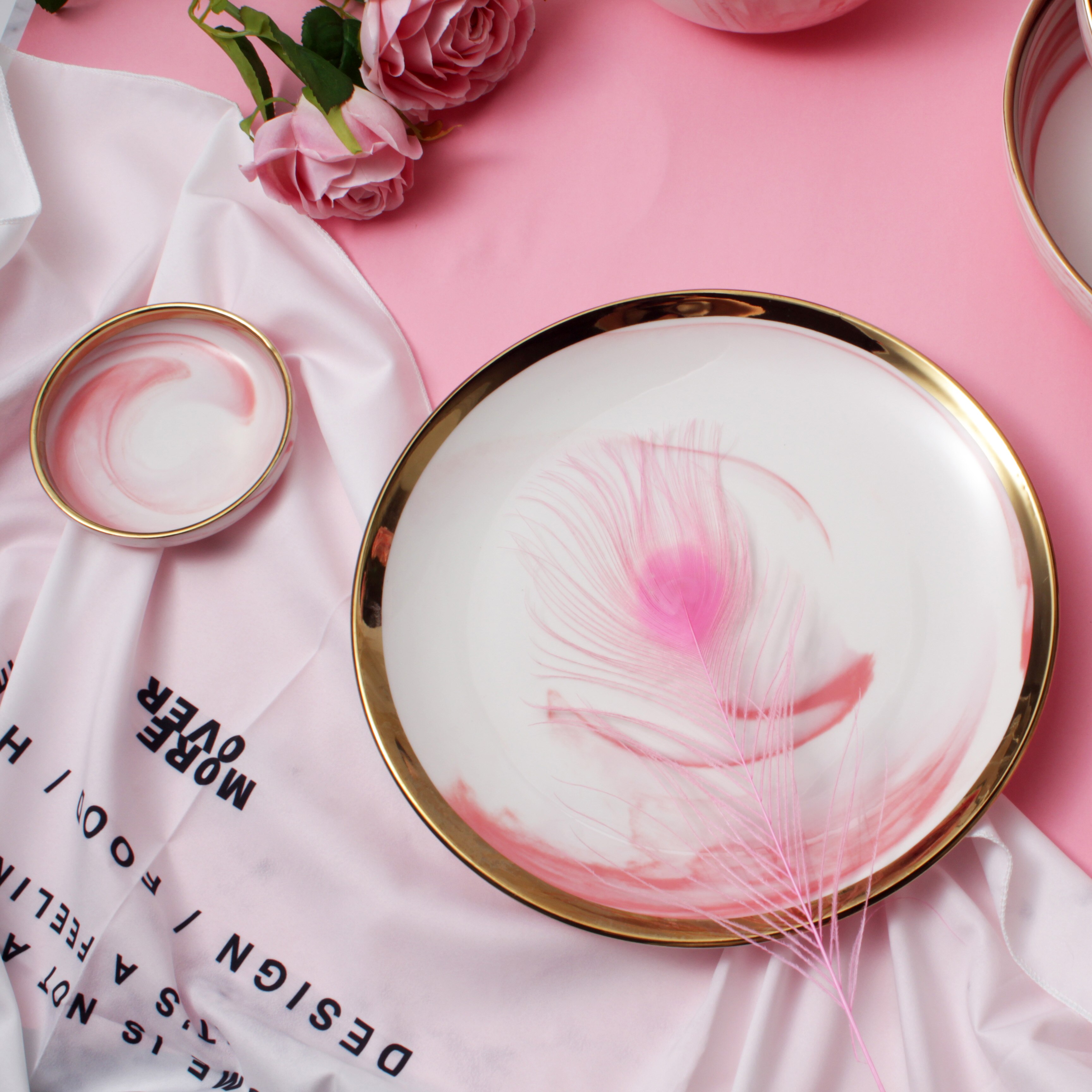 Vaaleanpunainen marmori keramiikka 1 kpl illallinen lautanen riisisalaatti nuudelit kulho keittolautaset astiasto setit kodin astiasto keittiön keittotyökalu