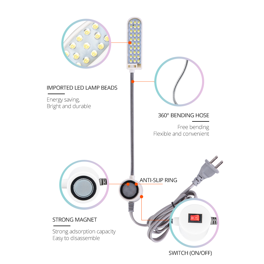 1-3W Industrial Sewing Machine LED Light 10 19 30 LEDs Magnetic Clothing Machine Mounting Base Lamp US EU Plug Work Light