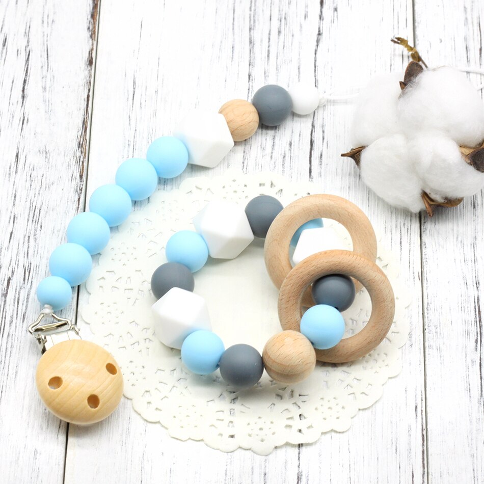 Bebé broches para chupete de silicona y madera de haya bebé chupete Clips de madera clip para chupete recién nacido juguete: Light Blue