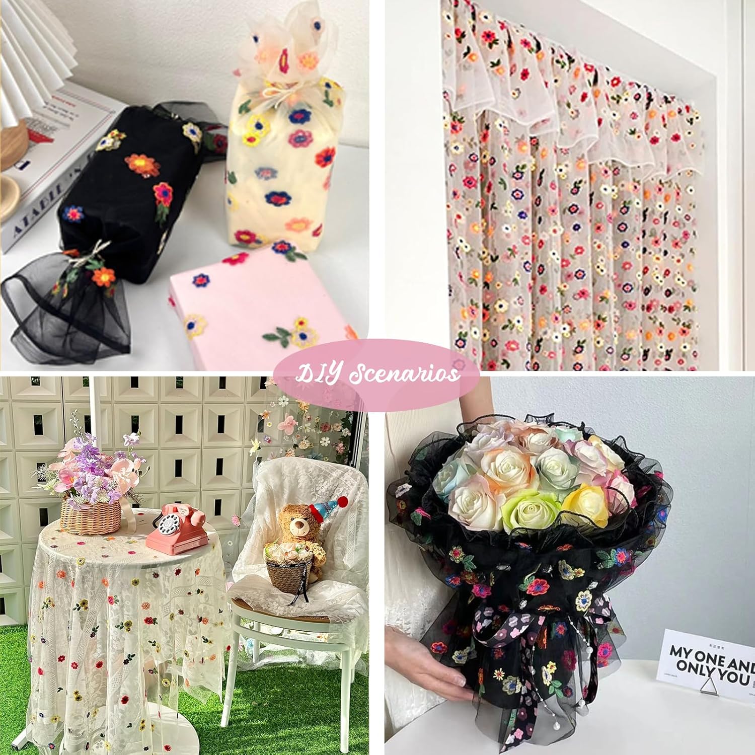 Bieżnik na stół w kwiaty, haftowana stokrotka, sezonowa dekoracja stołu, tiulowa tkanina robić dekoracji domu, niemowlę prysznic, imprez, rękodzieła DIY