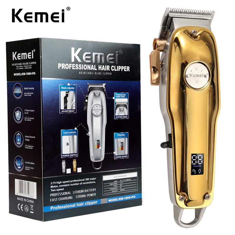Kemei all-metal hårklipper barber elektrisk trådløs lcd hårtrimmer guld genopladelig skæremaskine km -1986z: Guld med kasse
