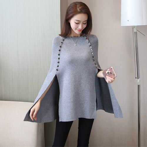 Suéter de capa de punto para mujer, jersey de otoño e invierno, ropa de calle, suéteres casuales sueltos, capas, cuello redondo, mangas de murciélago, poncho: Gris