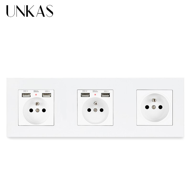 UNKAS 3 Gang French Wall Power Socket Dual USB + HDMI Port USB 3.0 Jack TV RJ11 Telephone RJ45 Internet PC Plastic Panel Outlet: 3 FR 4 USB