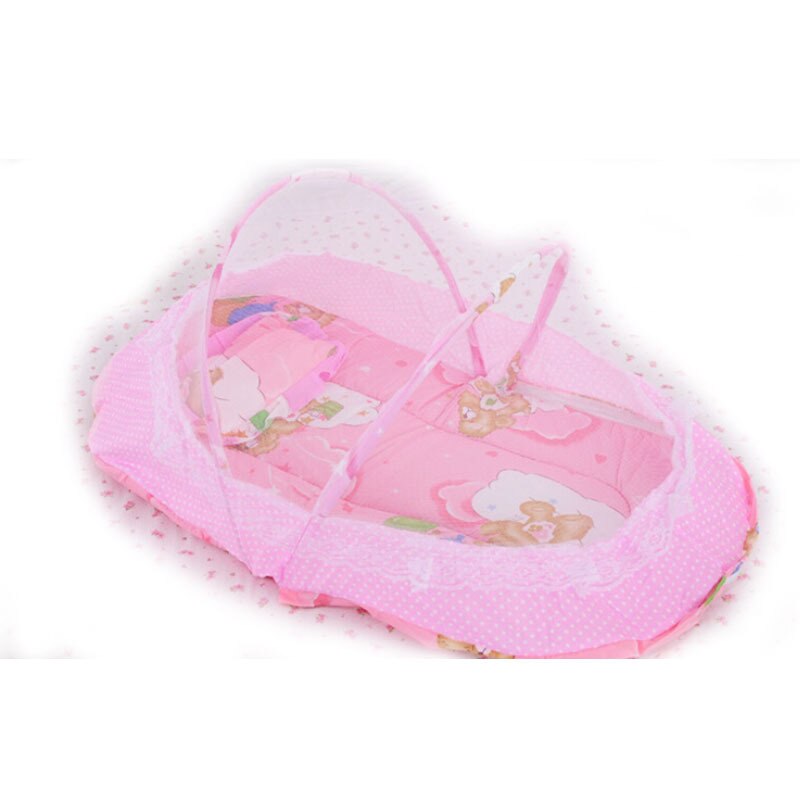 Baby Crib With Mosquito Netting Cute Dot Lace Portable Baby Bed 100*55cm Kids Bedding Folding Baby Crib With Pillow Cot Kawaii: Pink