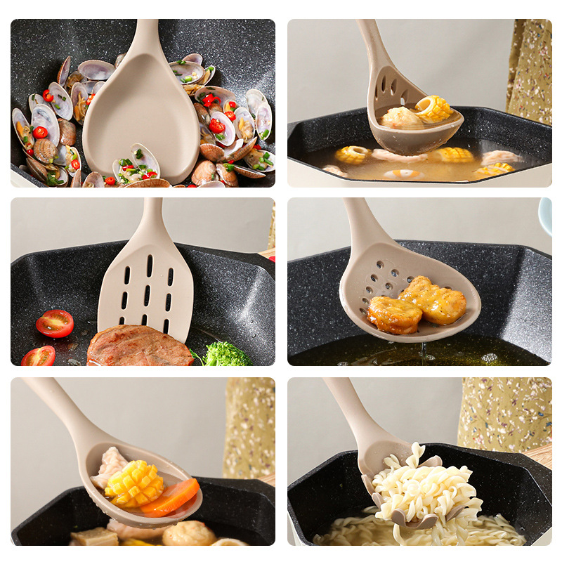 Silicone Kitchenware Cooking Utensils Non-stick Cookware Turner Spatula Spoon Slotted with Wooden Handle Kitchen Cooking Tools