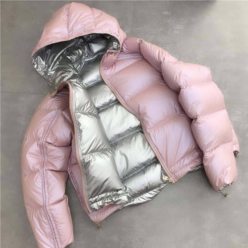Ailegogo guld silver dubbelsidig kappa vinterjacka dam huvor vita ankdun parkas dam varm snö dun ytterkläder: Rosa och silver / L