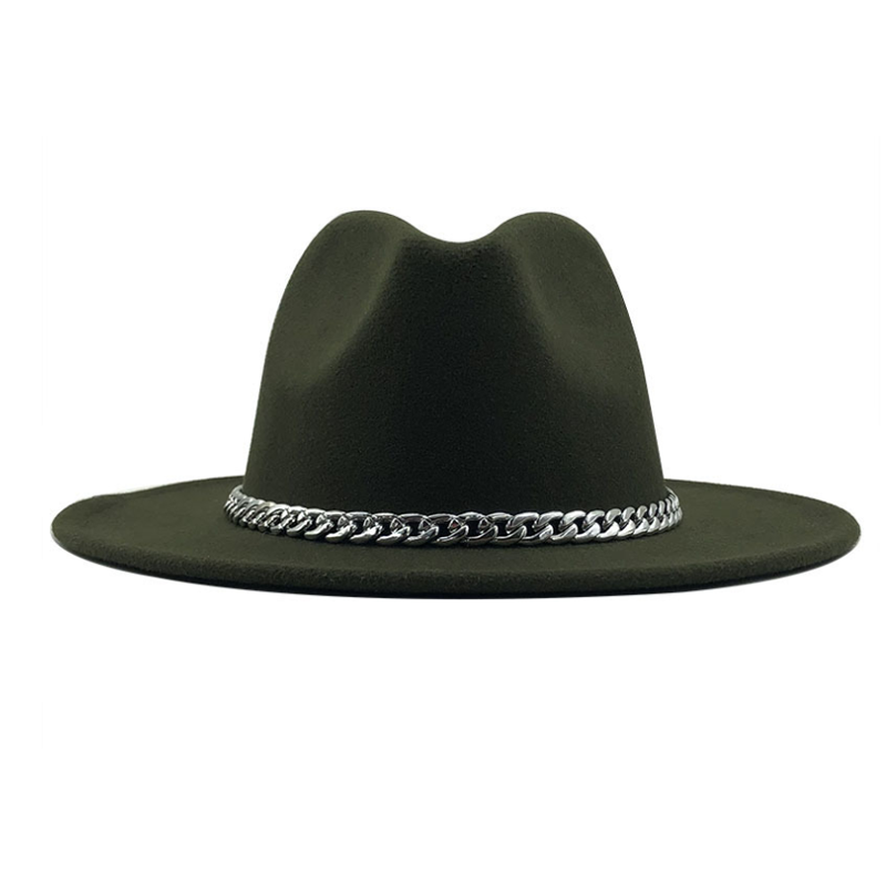Fedora hat med bred kant rand lmitation uldfilt hatte med metal kæde indretning panama fedoras chapeau sombrero: 4