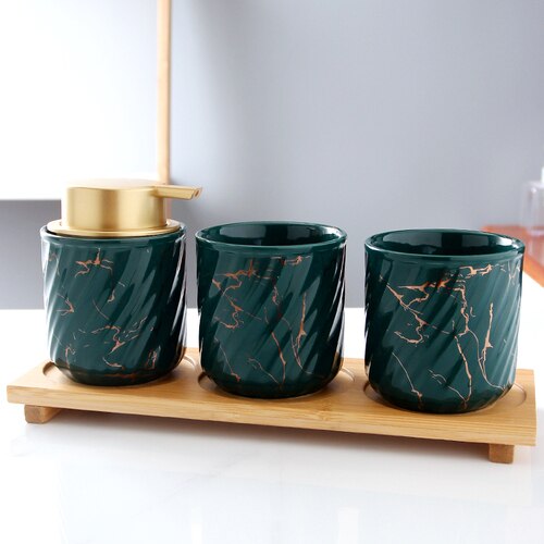 Ceramics 270ml Brushing Cup Simple Style Mouthwash Cup Marble Thread Lotion Bottle Separate Press-type Empty Bottle Couple Suit: T