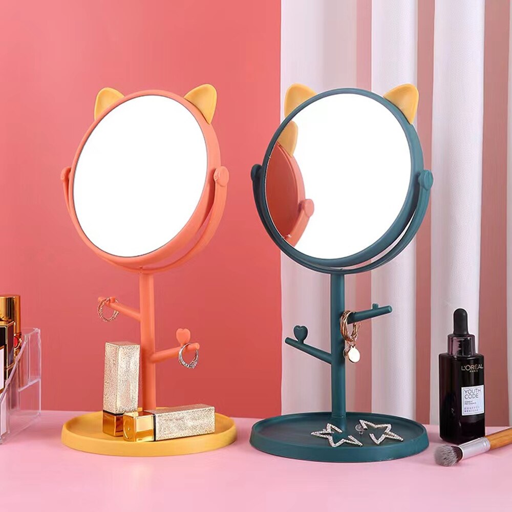 Make-Up Spiegel Met Opslag Roterende Make Desktop Spiegel Ronde Vorm Leuk Dier Oor Cosmetische Spiegels Vrouwen Kerstcadeaus