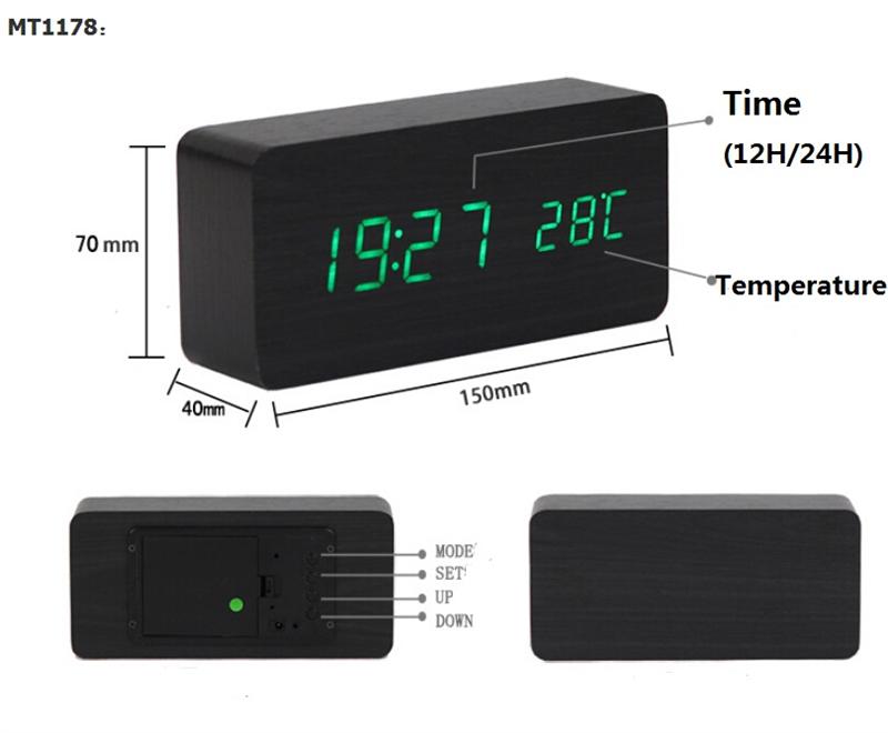 Multicolor Geluid Controle Houten Hout Vierkante Led Wekker Desktop Tafel Digitale Thermometer Houten Usb/Aaa Datum Display