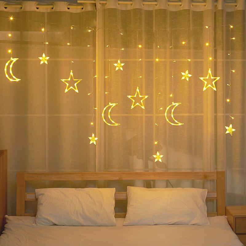 Cortina de luces LED de luna y estrella, guirnaldas navideñas de hadas con enchufe europeo de 220V, decoración al aire libre, Festival de vacaciones, cadena de luces parpadeantes: warm white