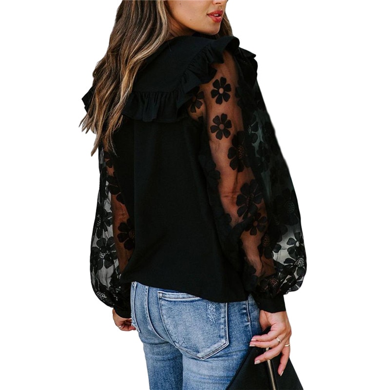 Vrouw Elegante Mesh Patchwork Blouse Lange Mouwen Blouse Zwart Kant Transparante Bloem Lantaarn Mouw Trui Streetwear Shirts