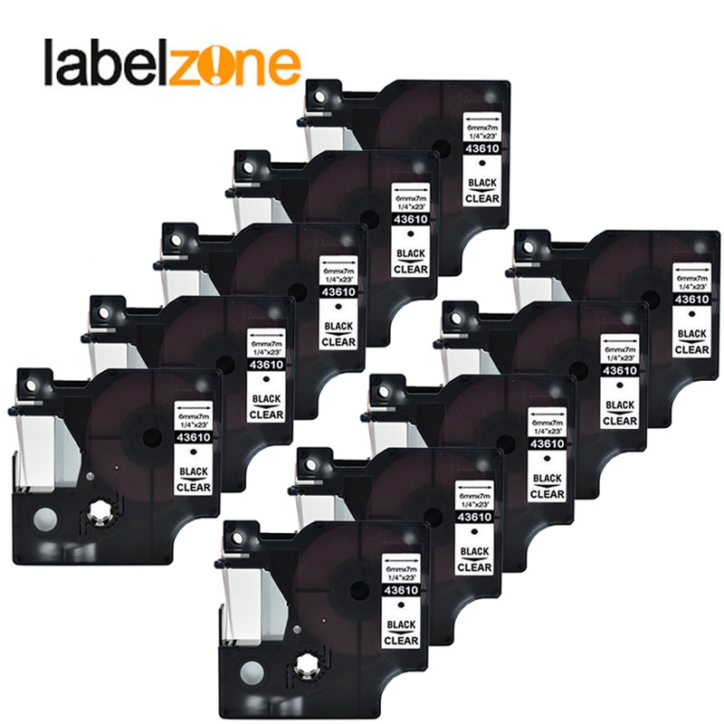 Paquete de 10 43610 1/4 "(6mm) x 23 '(7 m) negro en transparente DYMO compatible D1 PNP 6mm impresoras de etiquetas D1 43610 para Administrador de etiquetas DYMO LM160