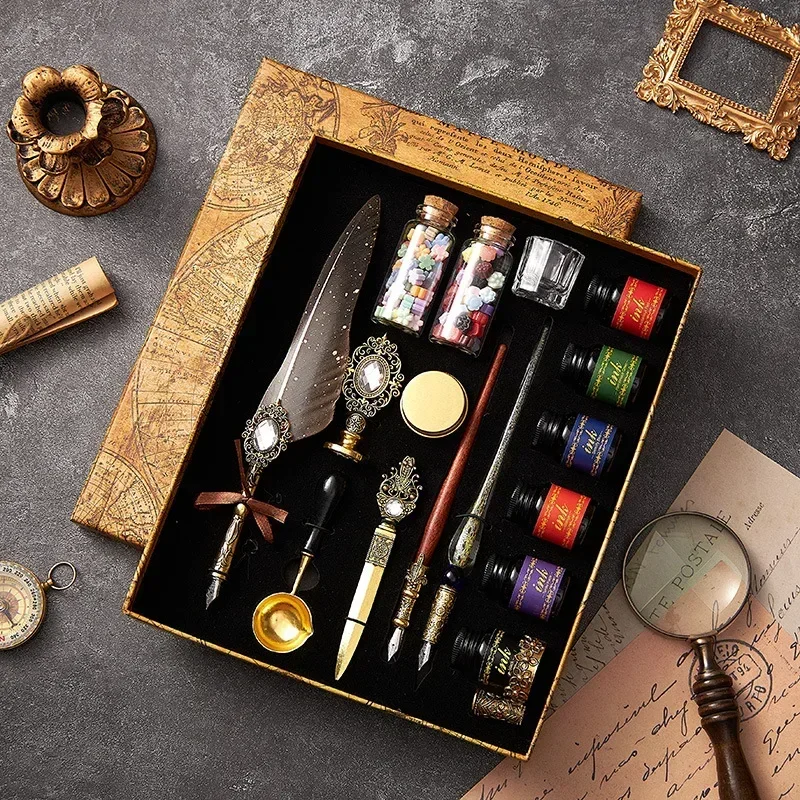 European Style Quill Pens Set with Ink Retro Dipping Quill Pen Lacquer Seal Student Dip Pencil Feather Pen