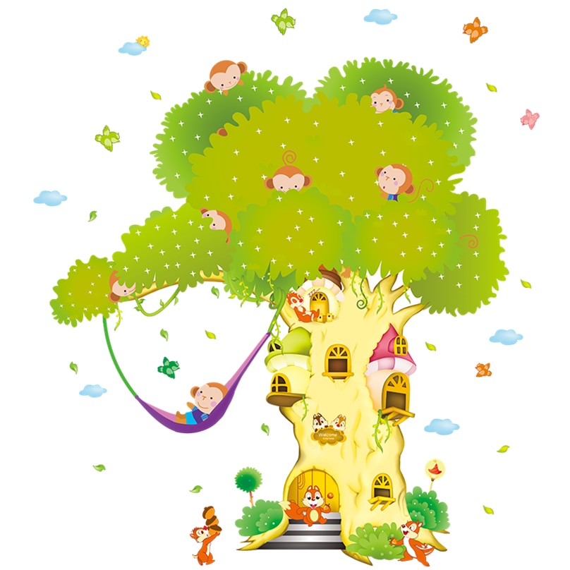 Apor träd väggdekaler pvc material gör-det-själv-djur väggkonst för barnrum baby sovrum barnkammare dekoration