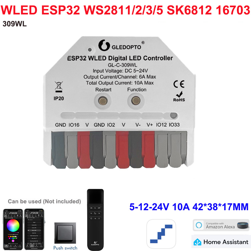 1-10WLED GLEDOPTO RGB Strip Lights with Mic LED Controller ESP32 Music Dynamic Modes for WS2811 WS2812B SK6812 WS2813 WS2815 DIY: Wathet / 44