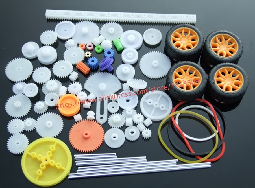 78 stuks/partij verschillende typen mini tandwiel concaaf wiel auto as plastic tandwiel mini riem wiel sets voor model auto