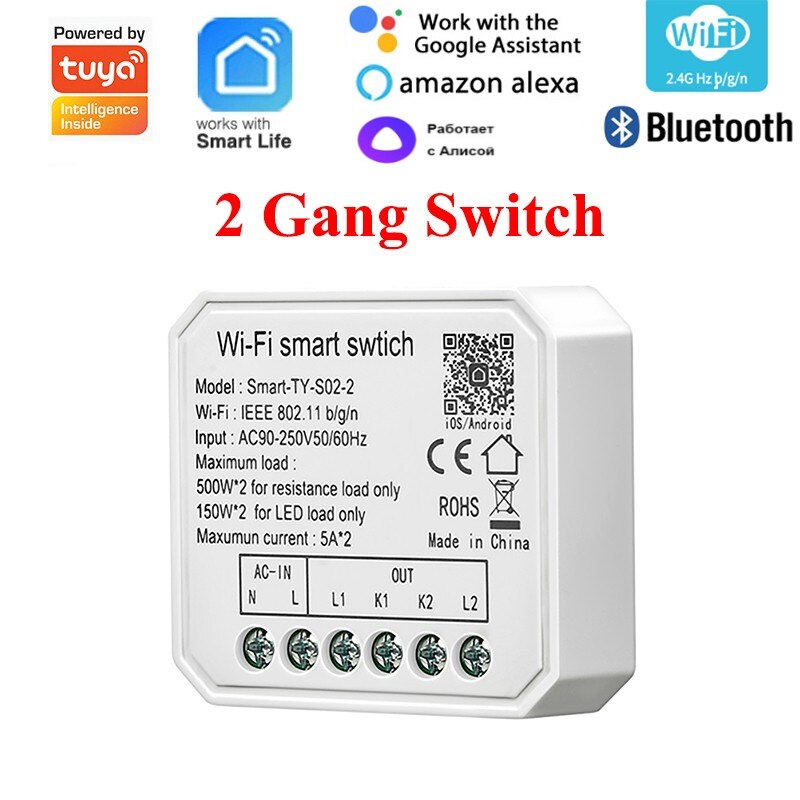 Wifi Mini Smart Switch 1/2Gang DIY Light Module Breaker Tuya Smart Life APP Remote Control Work with Alexa Google Home Alice: 2 Gang Switch / 1 piece