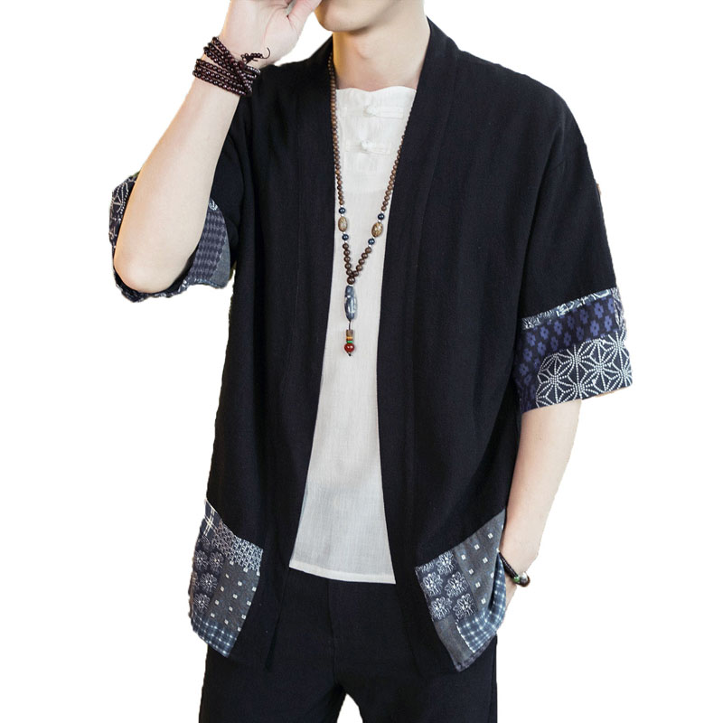 Jddton herre bomull lin kimono jakker fritid cardigan streetwear skjorter japansk samurai tradisjonelle uformelt kåper 5xl je011: Svart / Asiatisk størrelse 3xl