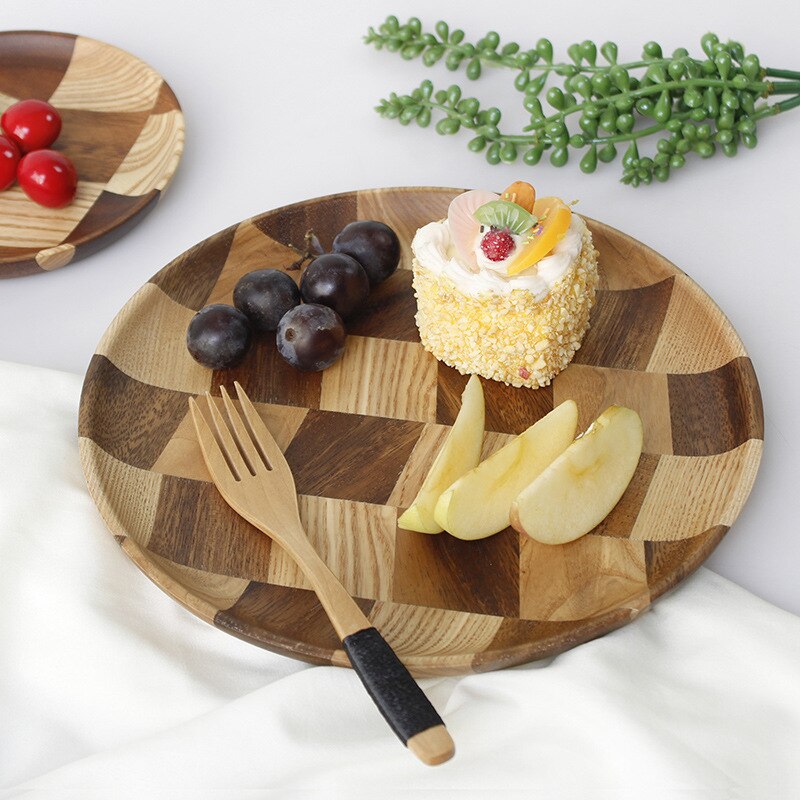 Grid Pattern Solid Wood Pan Plate Fruit Dishes Saucer Tea Tray Dessert Dinner Bread Wood Plate