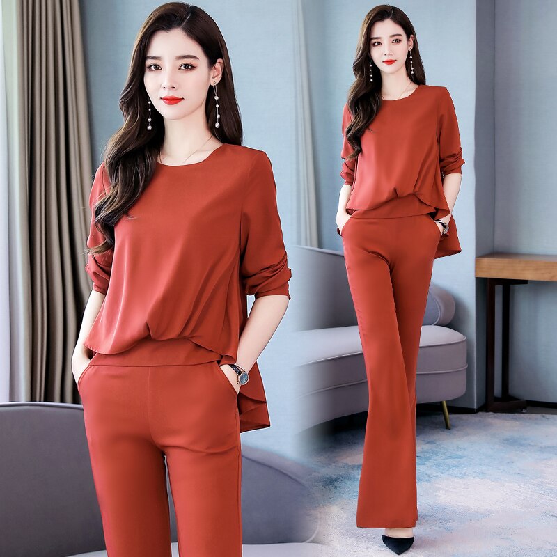 Autumn Spring style office lady long sleeve loose shirt blouse tops and long pants trousers suit female two pieces sets: Coral Red / XXL