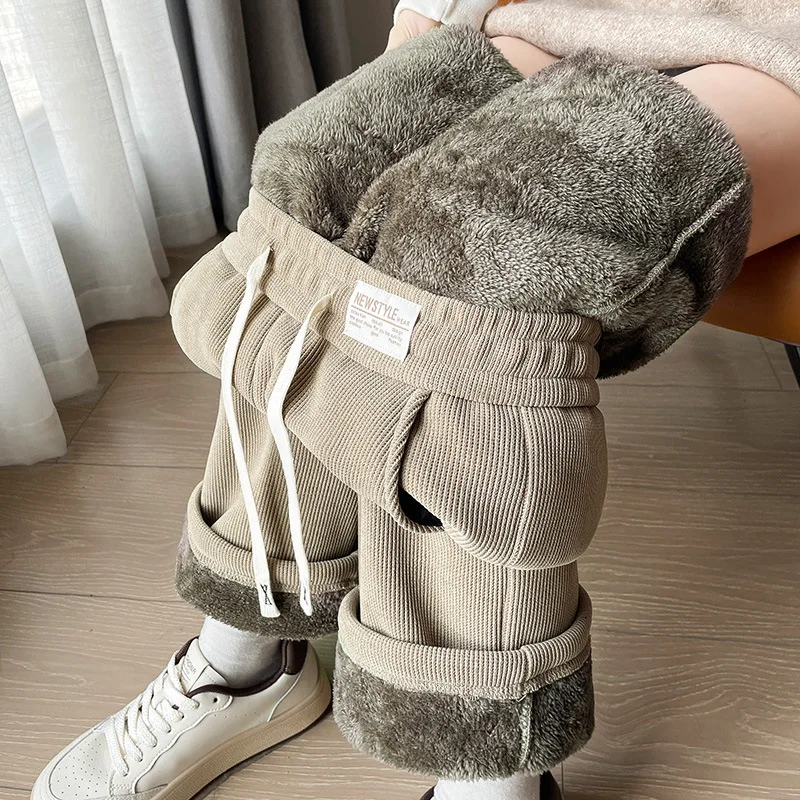 Pantalones de pierna ancha de lana gruesa para mujer, pantalones de algodón de corte recto, pantalones largos cálidos y cómodos a la para otoño e invierno