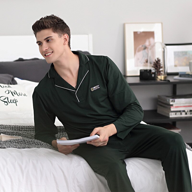 Super doux hommes modal nuit-costume couleur unie revers vêtements de nuit homme armée vert automne pyjama ensemble tout coton bleu confortable homecloth: Vert armée / XXL