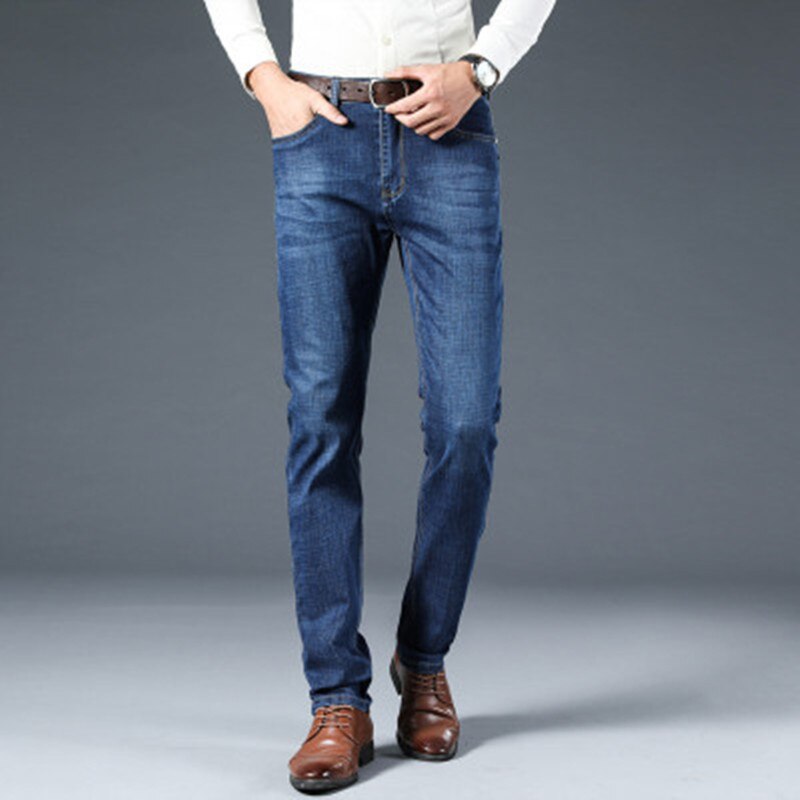 Herren Jeans Einfarbig Jeans Herren Dünne Gerade Jugend Geschäft lässig Hosen Männlichen Plus Größe schlank passen Denim hosen: Blau / 34