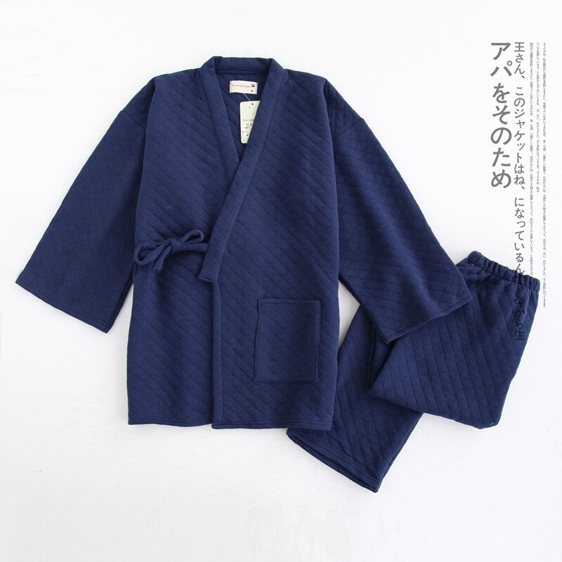 Vinter hold varmen 100%  bomulds scuba kimono robes herre ren farve japansk tykkere termisk pyjamas herre robe kjole sæt badekåber: Jh rbs blå / L