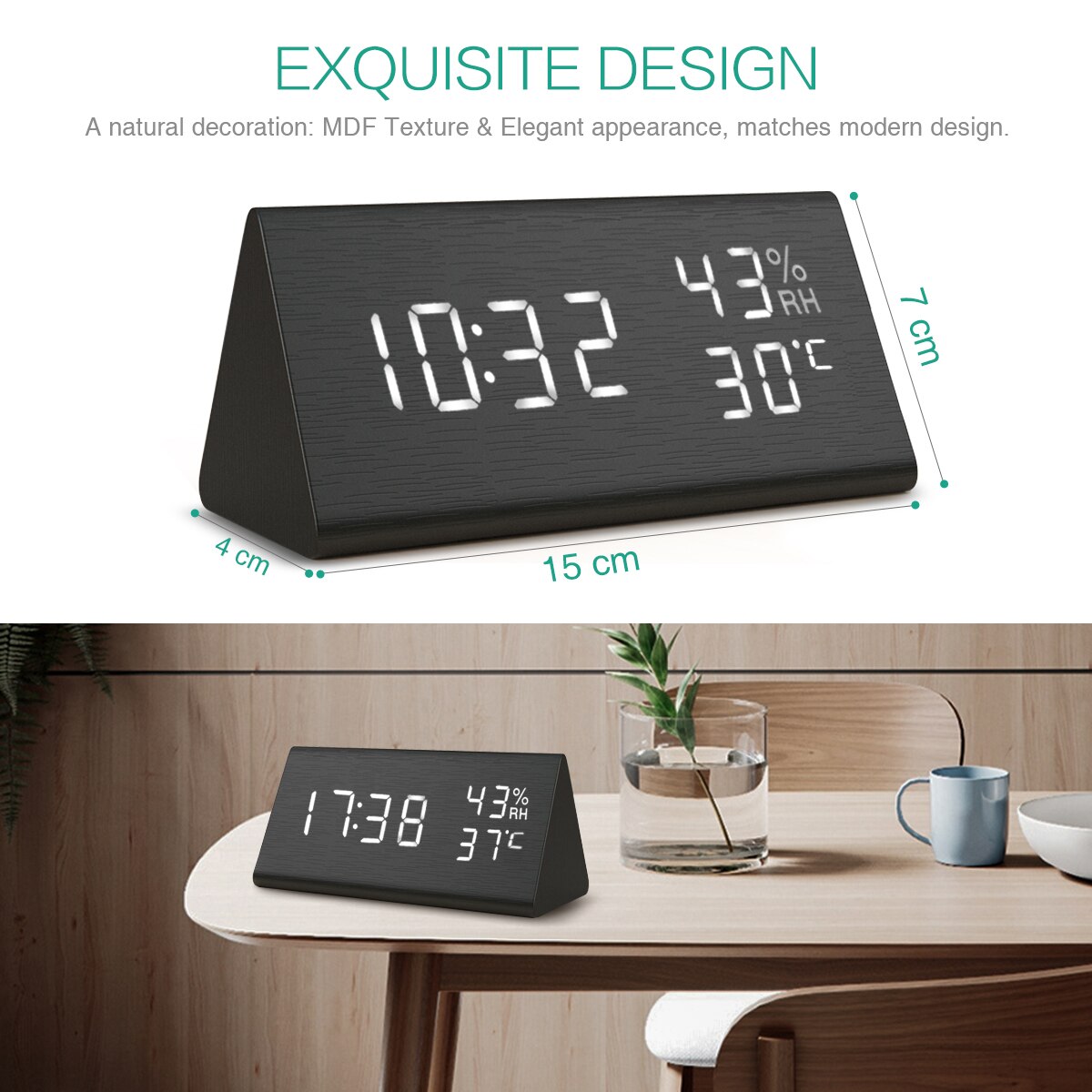 Digital Clock Wooden Electronic LED Time Display Temperature and Humidity Detect Clock For Bedroom Alarm Clock