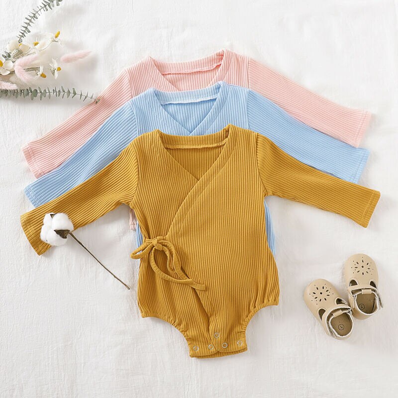 Lioraitiin nova moda recém-nascidos crianças do bebê meninas meninos quimono sólido macacão de algodão manga longa macacão de algodão outfits