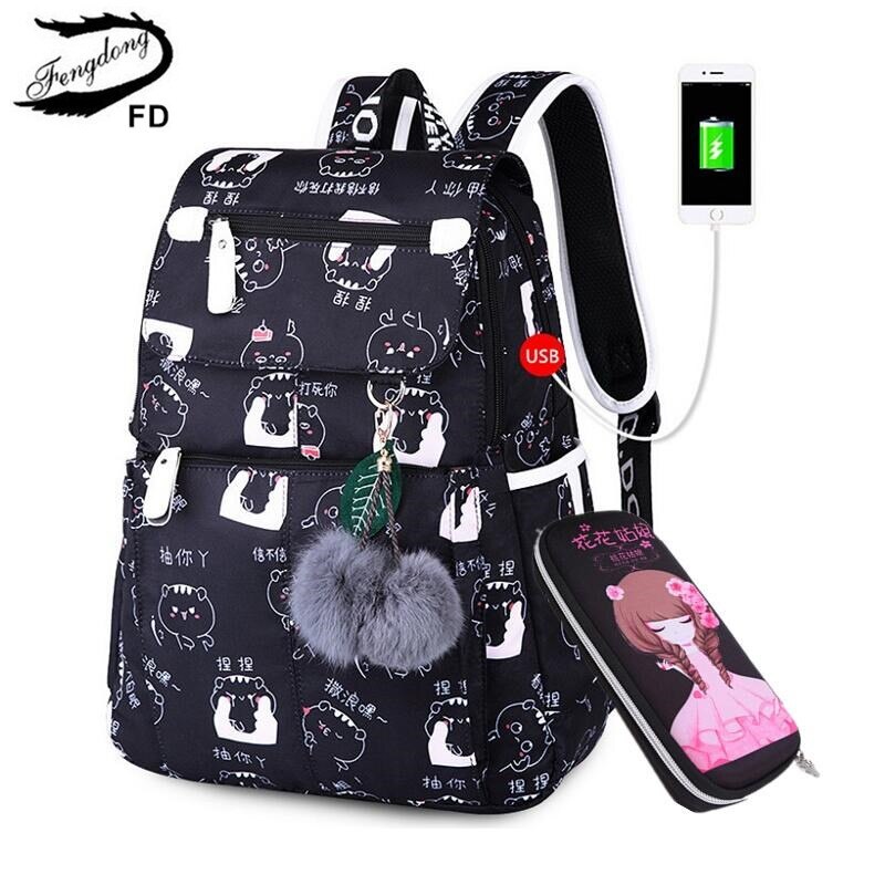 Fengdong-mochila escolar floral para niños, mochilas de escuela para niñas, estudiantes y niñas, pluma bonita, Juego de lápices: black cat