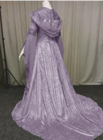 Abito da strega deluxe da donna, abito lungo con strascico medievale rinascimentale, costume da diavolo pagano per halloween, strega, abito da sposa con cappuccio: L / Viola