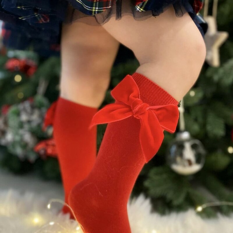 Zima jesień dziewczynek skarpetki kokarda długie skarpety dzieci kolana bardzo miękka bawełna hiszpańnarty boże narodzenie dzieci 0-3 lat skarpetki dziecięce: ciemny czerwony / 1-3Years (M)