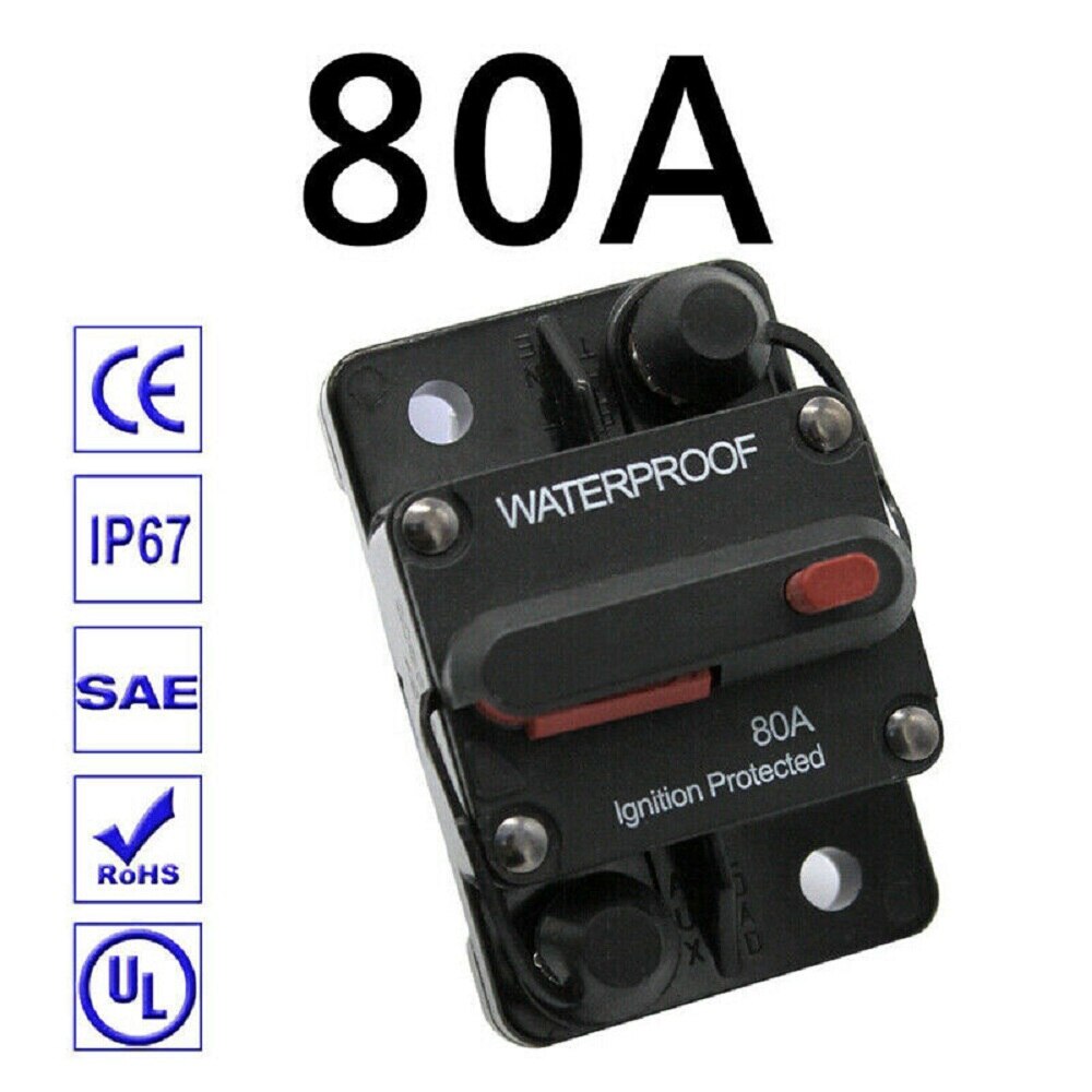 40A 50A 60A 70A 80A AMP Circuit Breaker Dual Battery IP67 Waterproof 12V 24V Fuse Reset Housing is thermal plastic: 80A