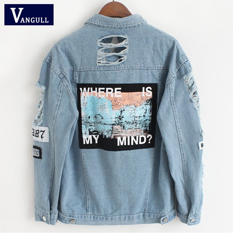 Women Frayed Denim Bomber Jacket Appliques Print Where Is My Mind Lady Vintage Outwear Autumn Coat Vangull