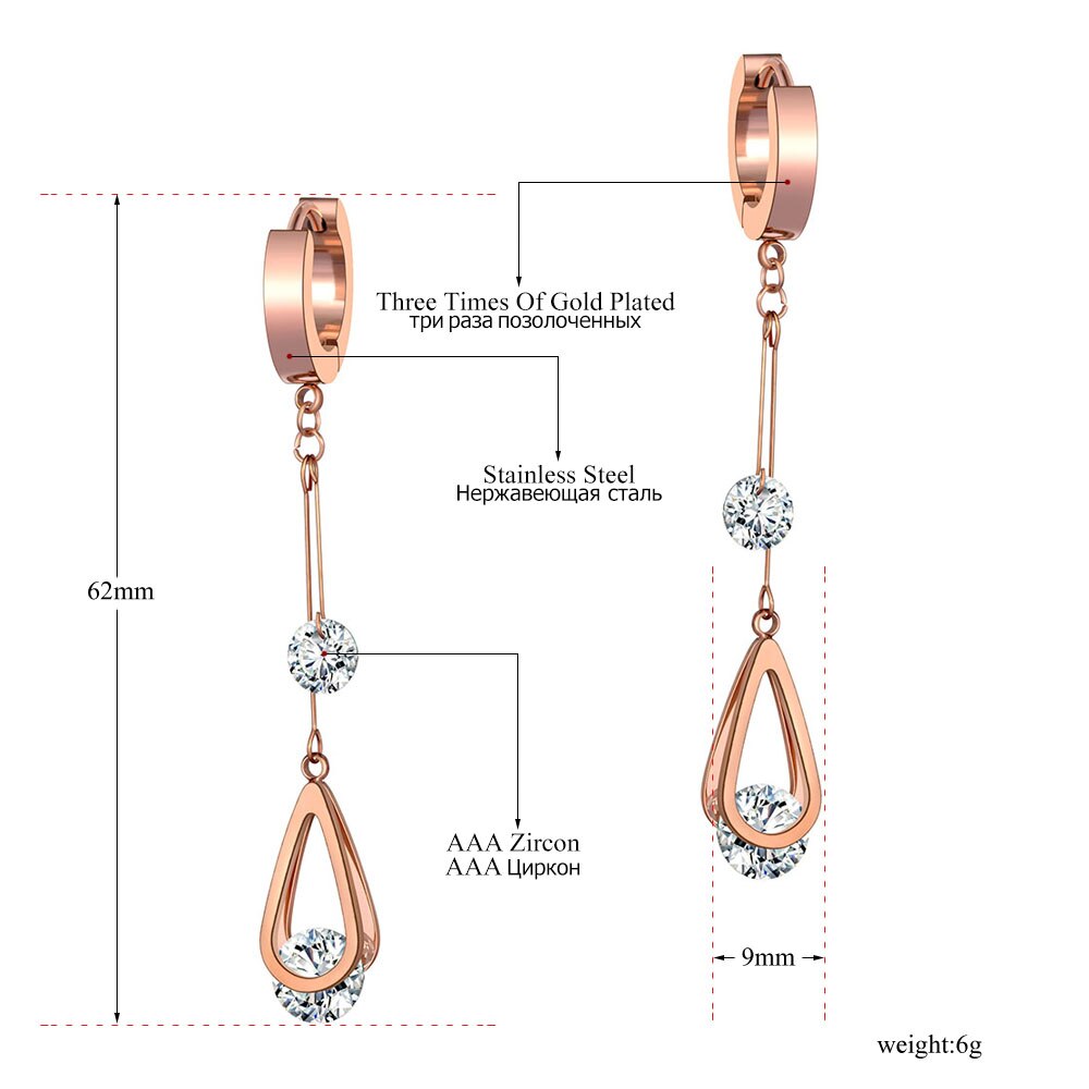 Lokaer Trendy Stainless Steel CZ Crystal Water Tassel Earrings Jewelry Sparkling Rose Gold Hoop Earrings For Women E20010