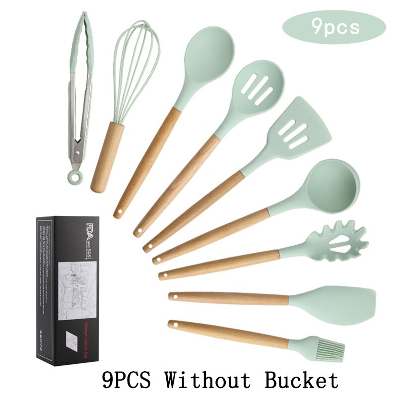 9/11 Pcs Silicone Keukengerei Kookgerei Set Hittebestendige Keuken Non-stick Kookgerei Bakken Tools Kookgerei set: 9PCS Without Bucket