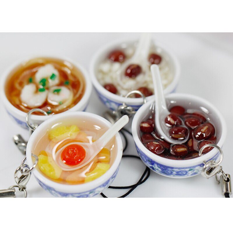 Comida de simulação encantos macarrão chaveiro chinês azul e branco porcelana comida tigela mini telefone celular cinta pingente