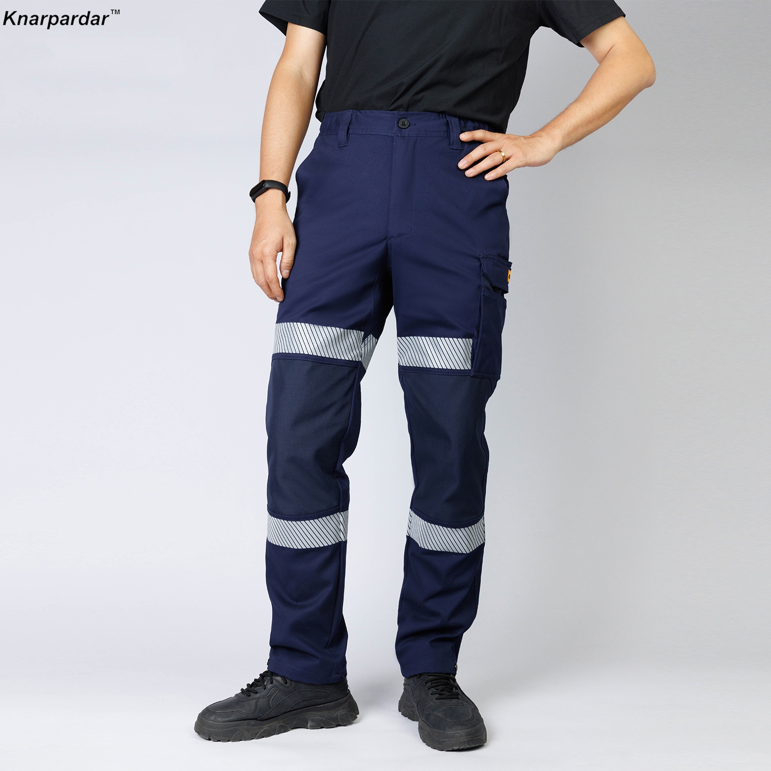 Pantalon de travail bleu marine pour homme, 100% coton, pantalon de travail extensible, vêtements de travail multi-poches avec rayures ZE