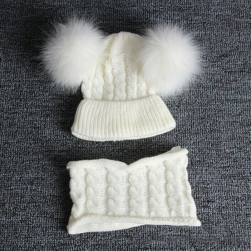 Kit de Gorro con pompón para niño y niña, gorro de punto cálido para invierno, conjunto de bufanda con dos pompones, d88
