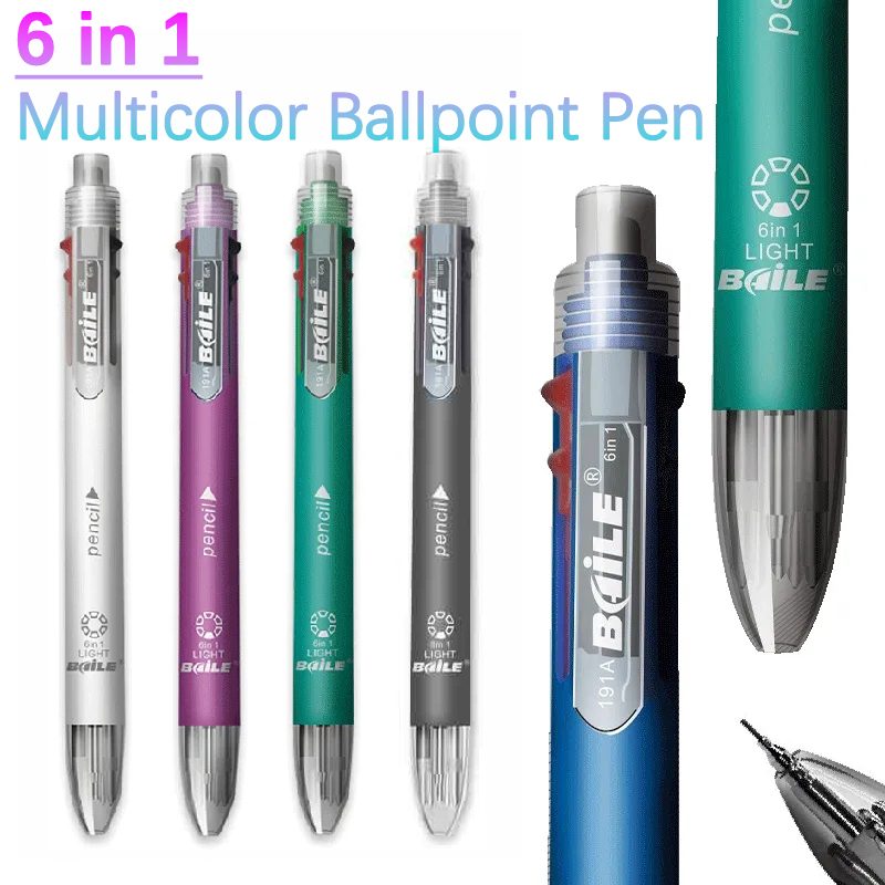 5pcs Multi-colour 6 in 1 Ballpoint Pen Set Multifunction Ball Pen and 1 Automatic Pencil Writing Supplies Stationery