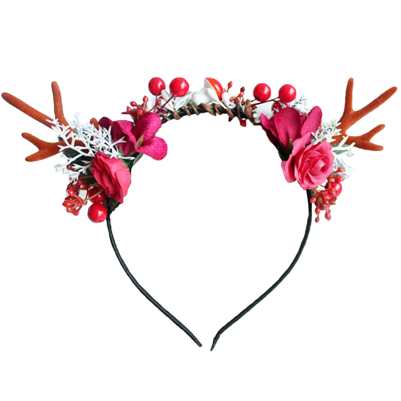 Christmas Deer Horn Headdress Elk Cat Ear Headband Kids Adults Hair Accessories Party Festival Year Decor Photo Props: Rose Red